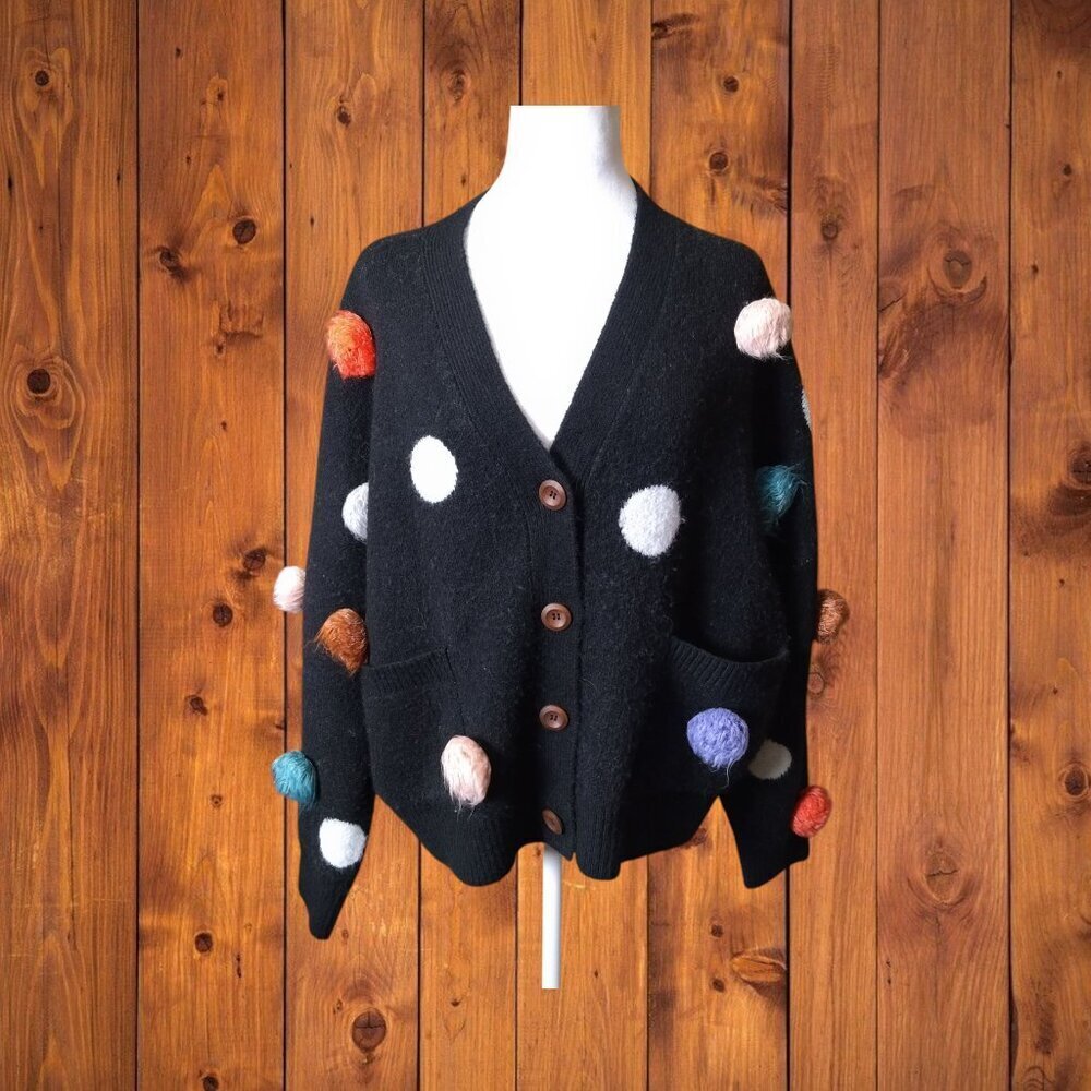 Kerisma One Size Black Button Front Cardigan Sweater Pom Pom Novelty Artsy